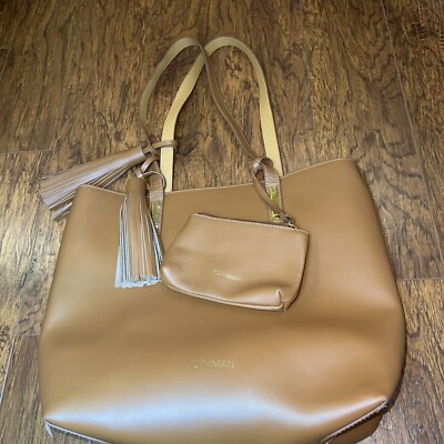 JOY & IMAN Tassel Chic Leather Handbag Tote with Fabric Insert & Wristlet camel