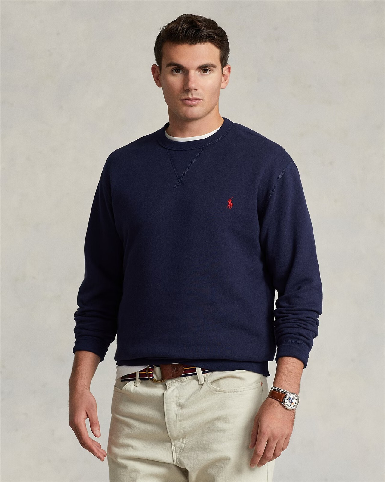 Polo Ralph Lauren nuova con etichette tinta unita blu navy pile LS felpa XXL 2XL rosso logo pony