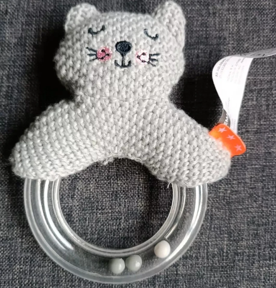 595🌟🐱doudou Hema Hochet Éveil Chat Cat Gris mailles côte - Photo 1/3