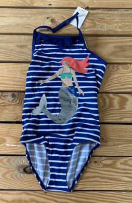 boden NWT girl’s mermaid stripe swimsuit size 8-9 blue R3