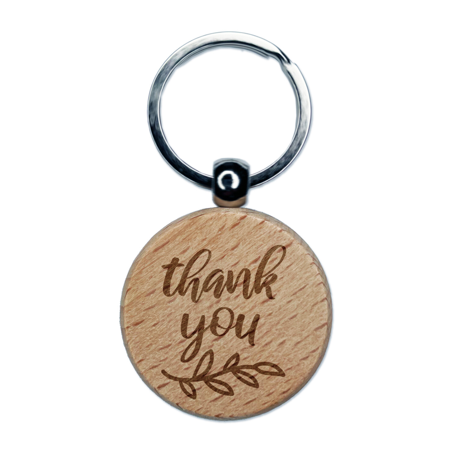Thank You Script Floral Engraved Wood Round Keychain Tag Charm