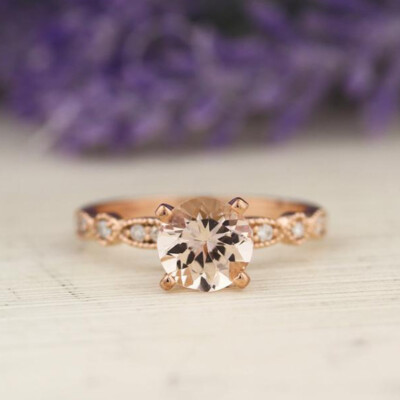 7mm Morganite Moissanite Solitaire Engagement Ring 14K