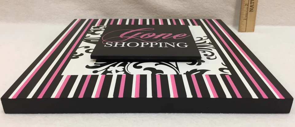 Placa de compras Gone pendurada na parede rosa preto e branco glitter 11" decoração quadrada de madeira - Imagem 2 de 3