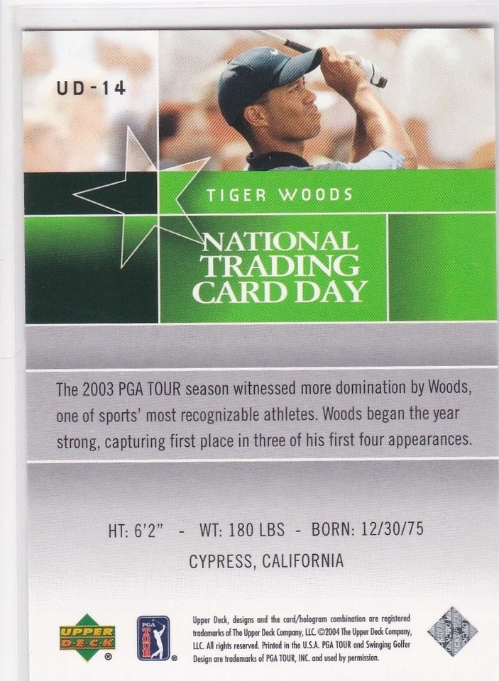 TIGER WOODS 2004 Upper Deck NATIONAL TRADING CARD DAY Golf Card PGA MASTERS - Image 2 of 2