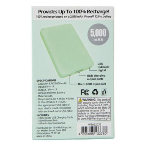 Power Bank Rechargable Battery 5000 mAh Mint