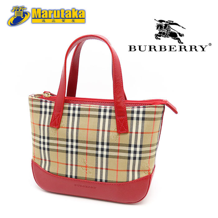 Burberry Hand Bag Red Plaid Brown Tote Canvas Leather Small Small Cute C