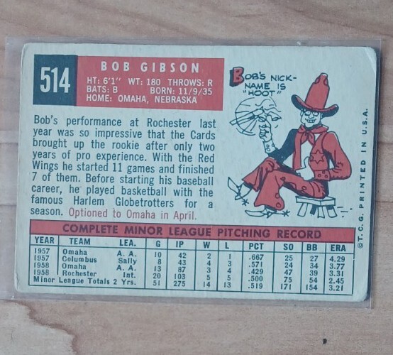 1959 Topps Bob Gibson Rookie RC Baseball Card St. Louis Cardinals HOF