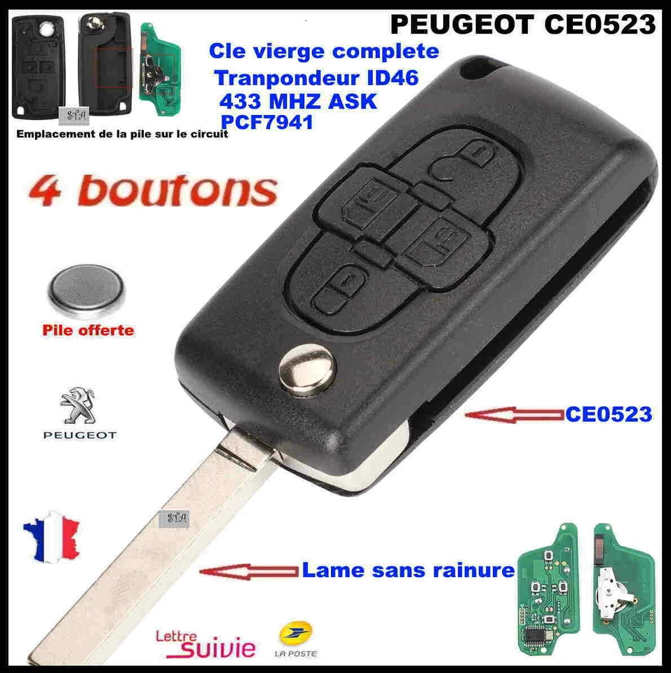 CLE VIERGE CE0523 CIRCUIT PEUGEOT 807/1007 CITROËN C8 4BOUTON ASK 433MHZ SS RAIN - Photo 1/4