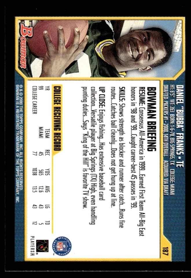 2000 Bowman Bubba Franks Rookie Green Bay Packers #187 - Image 2 of 2