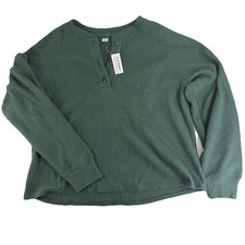 NUEVA Blusa Pullover Térmica Tejida Waffle Suave Lavada Azul Marino Antigua Para Mujer L VERDE