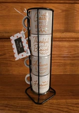 Mini Ceramic Mugs Set + Metal Rack Empressed Lettering 3oz Ea MicroDW Safe NEW