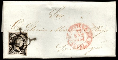 1851.Carta.Ed:6.Isabel II.Seville-Santiago.Mat Spider Neg.Marca Fch Baeza SEVILLA