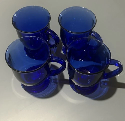 Lot of 4 Vintage Anchor Hocking Cafe Cobalt Blue Glass Mugs 16oz Pedestal Base