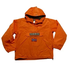 Napapijri Jacket Mens Medium Orange Hooded Anorak Pullover Fleece Lined Half Zip