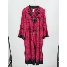 Oscar de la Renta Paisley Kaftan Robe Women Size S Pink Black Embroidered Tassel