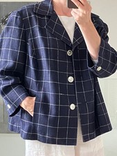 Lauren Ralph Lauren Women's Blazer Blue Silk Linen Windowpane 90s Y2K Size XXL