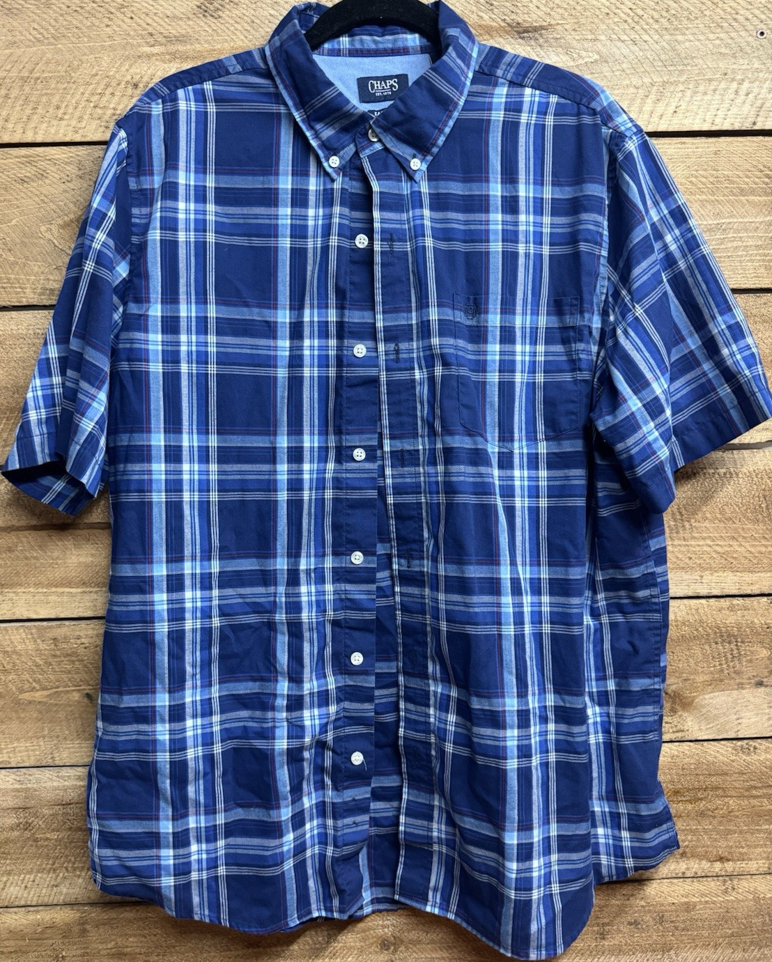 Chaps Easy Care Men's XL Blue Plaid Short Sleeve Button-Down Woven Shirt