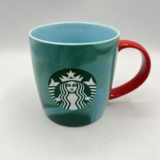 Starbucks 2024 Christmas Green Marbled Coffee Mug  11 Oz Red Handle