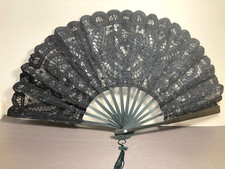 Vintage Black Fabric and Lace Embellished Folding Hand Fan