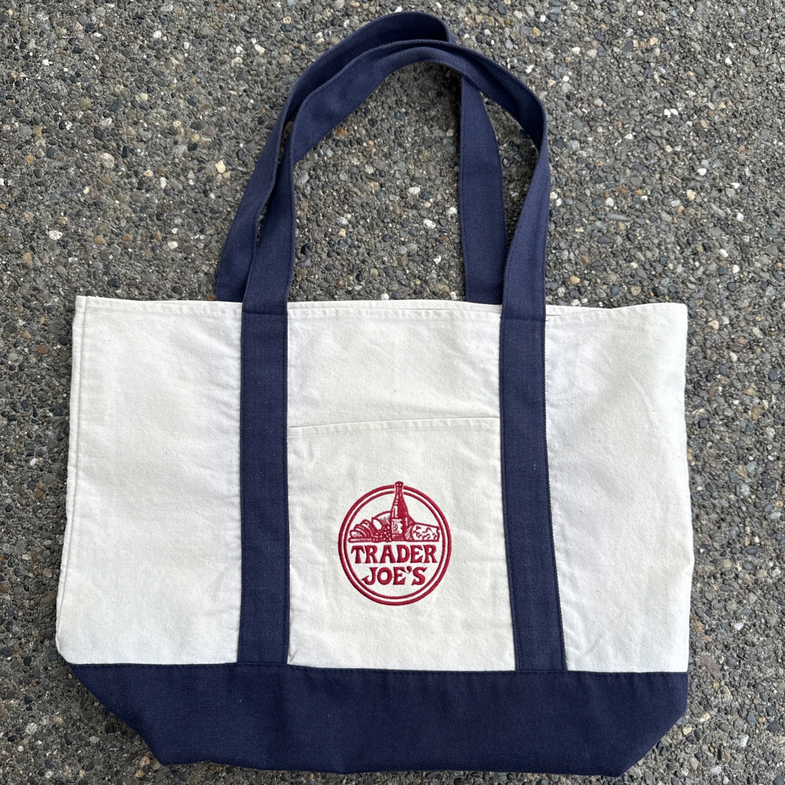 Trader Joes Heavy Duty Blue Cream Canvas Eco Tote Bag Large Reusable