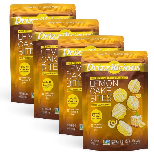 Drizzilicious Mini Rice Cake Bites Lemon Cake Drizzle, 4 Bag Pack Sweet Crispy R