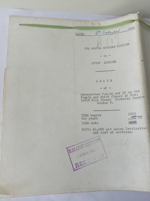 Vintage 1962 Mayfair London Property Lease - 12/18 Hill Street, Berkeley Square