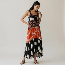 MSK Maxi Dress Resort Wear / Black Red Floral Patchwork / Boho Vacation / XL