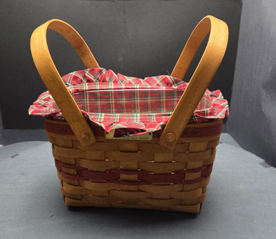 Longaberger 1992 Handwoven Basket w/ Red Plaid Liner Double Swing Handle USA