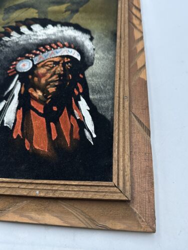 Vintage Indianer Indianer Häuptling signiert Samt Gemälde Mexiko geschnitzter Rahmen 1970 - Bild 12 von 20