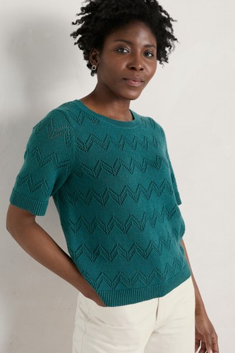 Seasalt Women's Jumper - teal Perran Bay Short Sleeve Pointelle Knit Jumper - Re
