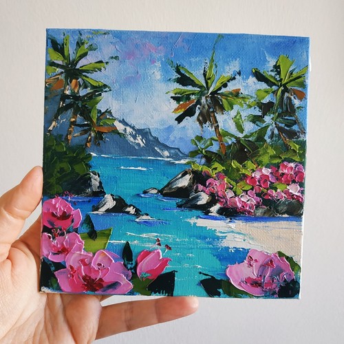 Tropical Beach Hawaii Painting Art Landscape Impasto Oil Painting Original 6x6 - Picture 4 of 8