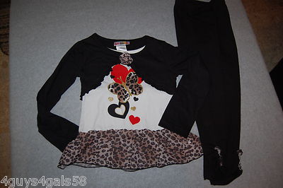 Girls RUFFLED TUNIC L/S TOP Leopard Print BUTTERFLY Black Leggings SIZE 4-5 6-6X