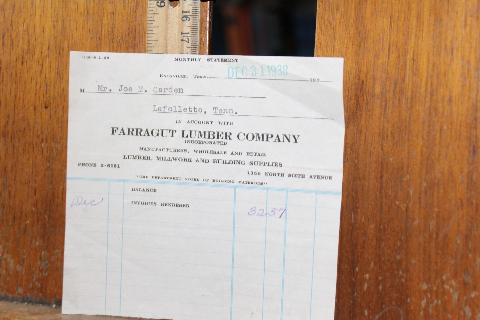 1938 Receipt Farragut Lumber Company Knoxville to City of LaFollette