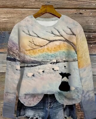 Stylish Sheep Print Long Sleeve Crew Neck Tshirt. Casual Look. Sz S. Comfy!