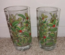 Vintage Mid Century Christmas Cocktail Highball 6" Collins Glass Tumbler Pair