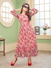INDIAN DESIGNER GEORGETTE PRINT WORK READY TO WEAR ONE PIECE PEACH Western wear