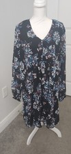 Time Tru Long Sleeve Black Floral V-Neck Dress Size L 12/14