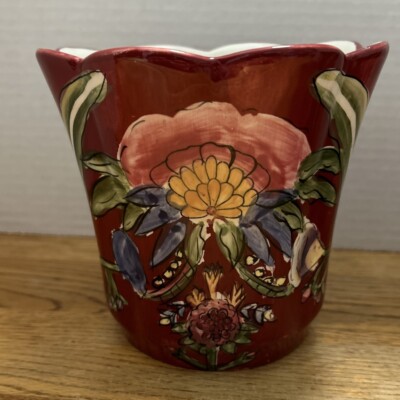 Vintage Nantucket Home Planter Red With Flowers 