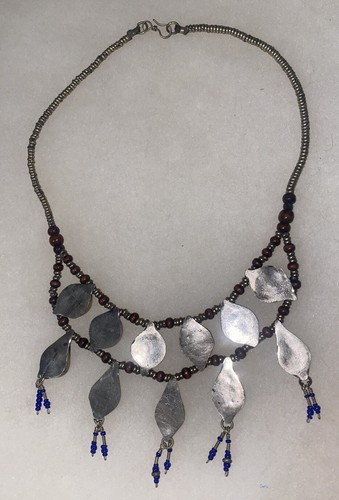 vintage Hand made necklace tribal Blue Lapis Lazuli silver Wood Bead Ceremonial - Picture 5 of 9