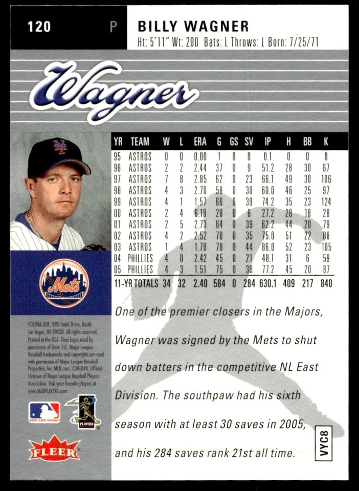 2006 Ultra Billy Wagner New York Mets #120 - Image 2 of 2