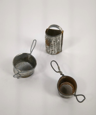 Vintage Metal Dollhouse Miniature 2 Kitchen Strainers and Grater