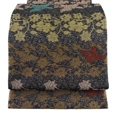 Japanese Kimono Fukuro obi masterpiece bird flower arabesque gold thread foil