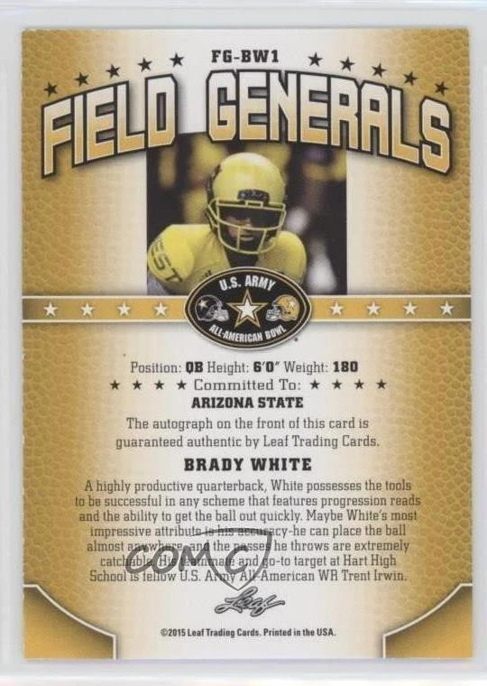 2015 Leaf US Army All-American Bowl Field Generals /25 Brady White #FG-BW1 Auto - Image 2 of 2
