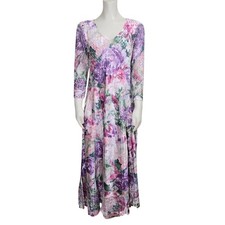 Komarov Maxi Dress XL Purple Floral Pleated Lace Trim Watercolor Crinkle Garden