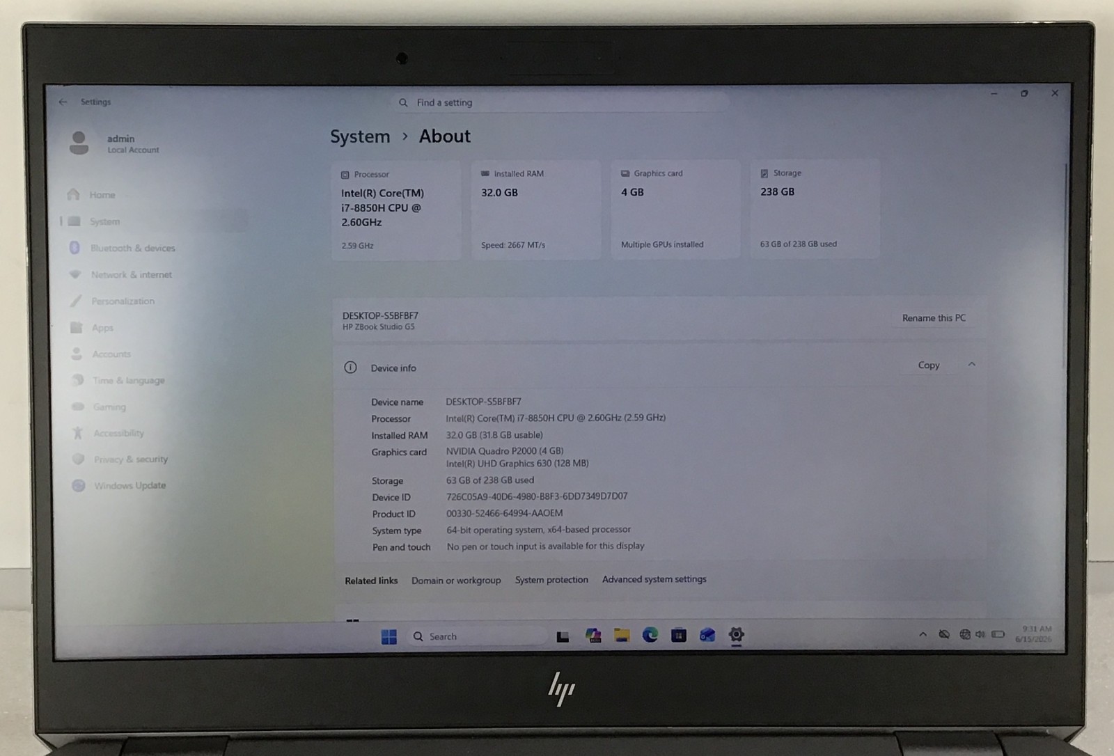 HP Zbook Studio G5, 15.6-Inch Laptop, with Intel Core i7-8850H, Windows 11 Pro