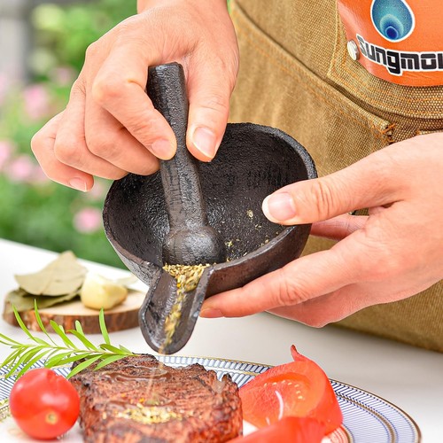 Cast Iron Mortar and Pestle Small Heavy Duty Black Spice Grinder Set 3.9"Mortar - Picture 4 of 7