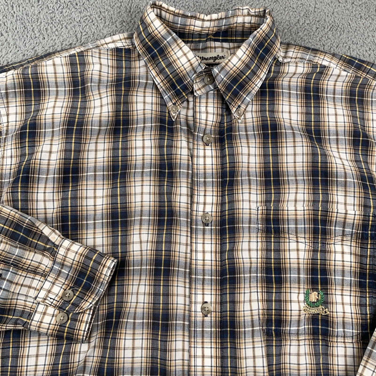 Wrangler Shirt Mens Large Blue Brown Riata Workwear Western Button Up Casual