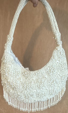 White Beaded Evening Bag Handbag Purse with Beaded Fringe Handle