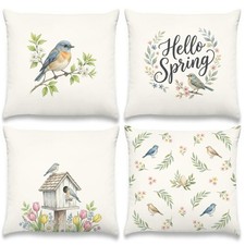 Spring Bird Pillow Covers Set of 4, Floral Decor, 18 x 18 Inches
