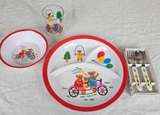 VTG Melamine Kids 5-Pc Dinner Set Divided Plate Bowl Cup Fork Spoon Bears Bike